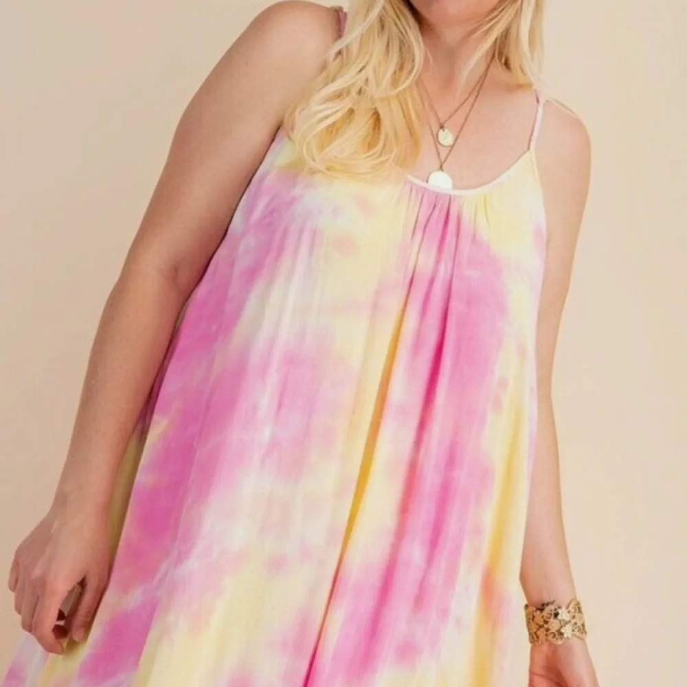 Boho Pink and Yellow Tie-Dye Maxi Dress - Picture 2 of 8